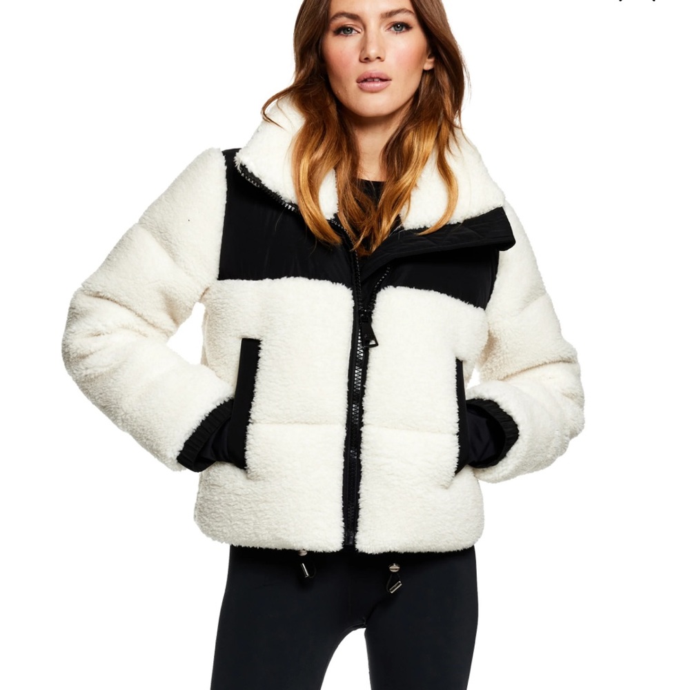 SAM. Tula Sherpa Down Puffer Jacket Coat White & Black Faux Fur Size Large NWT